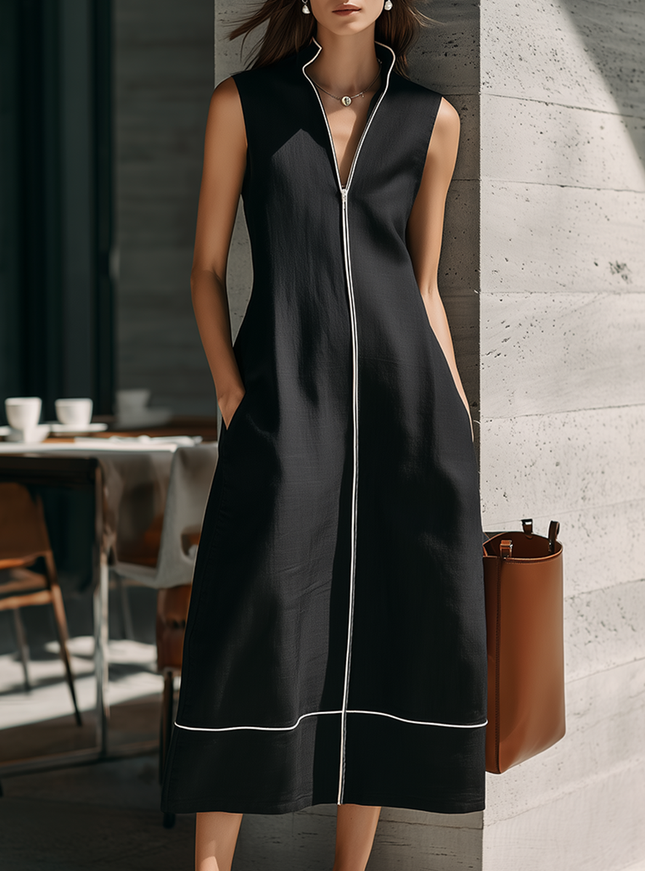 Minimalist Black Sleeveless Front-Zip Turn-Down Collar White Piping Cotton-Linen Midi Dress