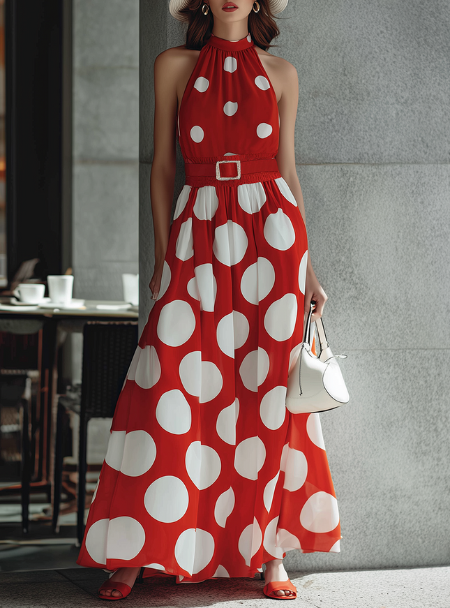 Urban Quiet Luxury Red Chiffon Sleeveless With White Polka Dots Maxi Dress