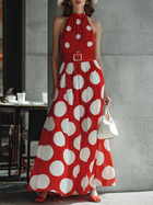 Urban Quiet Luxury Red Chiffon Sleeveless With White Polka Dots Maxi Dress