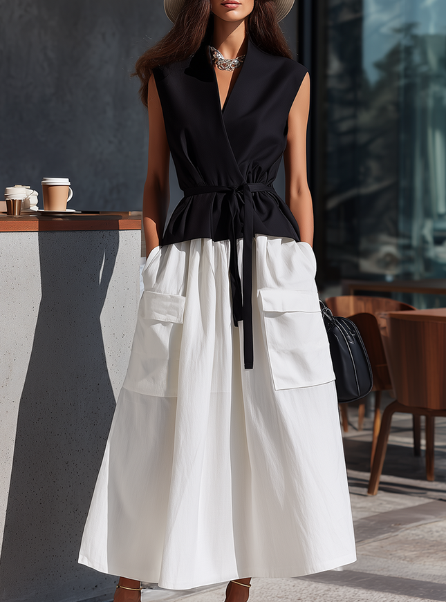 Minimalist Black Cotton Linen Sleeveless Top And White Skirt Set