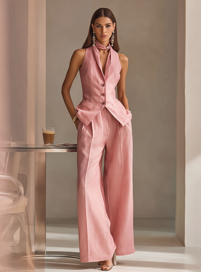 Office Chic Vintage Elegant Retro Vest And Wide-leg Pants Suit