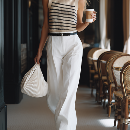 Casual Beige Striped Knit Vest And White Wide Leg Pants Set