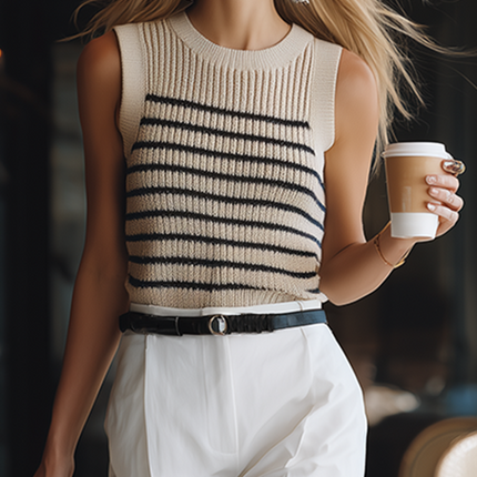 Casual Beige Striped Knit Vest And White Wide Leg Pants Set