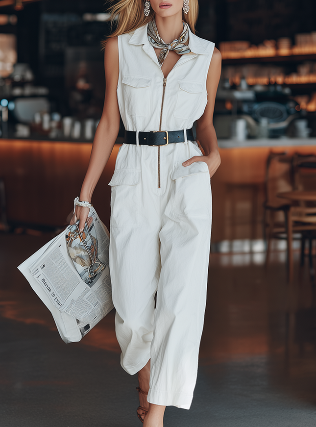 Urban Style Loose Fit White Cotton Linen Sleeveless Collared Jumpsuit