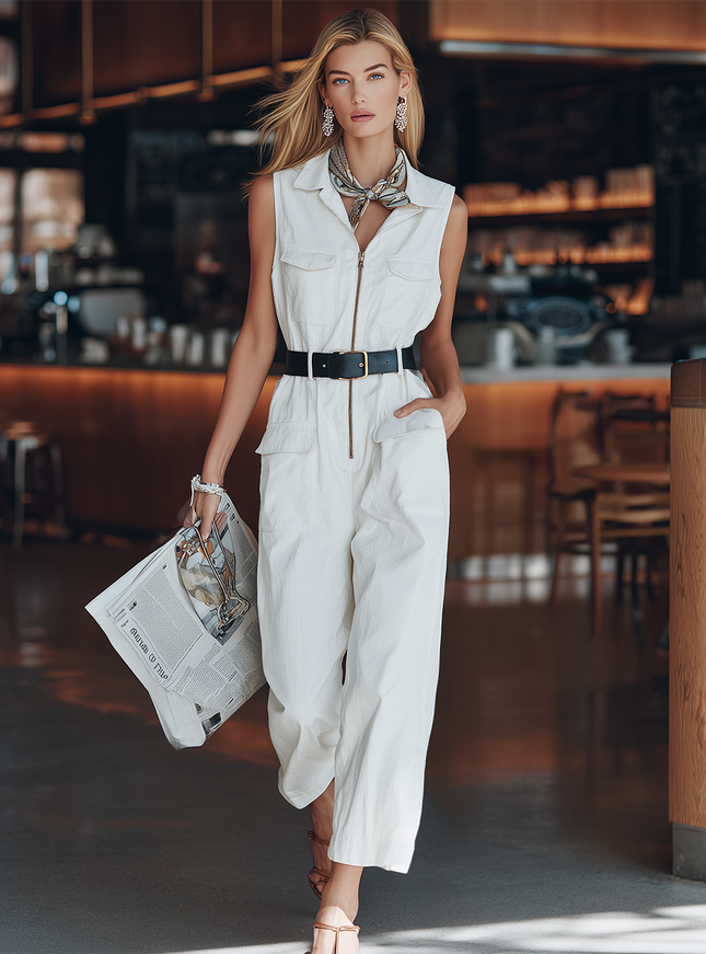 Urban Style Loose Fit White Cotton Linen Sleeveless Collared Jumpsuit