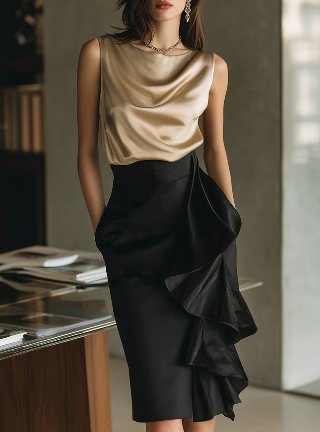 Elegant Office Chic Sleeveless Satin Top And Ruffled Skirt Set