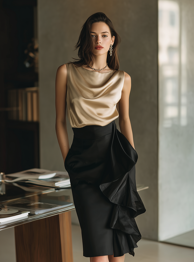 Elegant Office Chic Sleeveless Satin Top And Ruffled Skirt Set