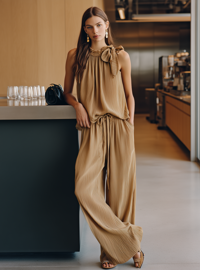 Casual Brown Chiffon Pleated Sleeveless Top And Wide Leg Pants Set