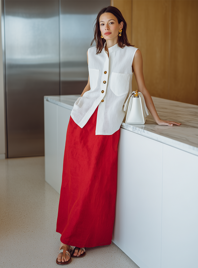 Elegant White Sleeveless Cotton Linen Top And Red Skirt Set