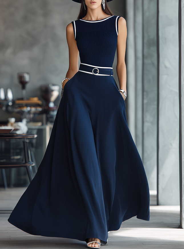 Elegant Retro Boat Neck Contrasting Trim Sleeveless Maxi Dress