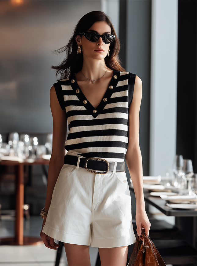 Loose Fit Minimalist Black White Striped Vest And White Shorts Set