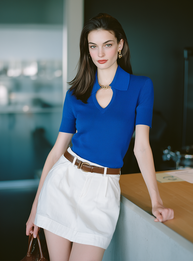 Casual Blue Short Sleeve Knit Top And White Skirt Set