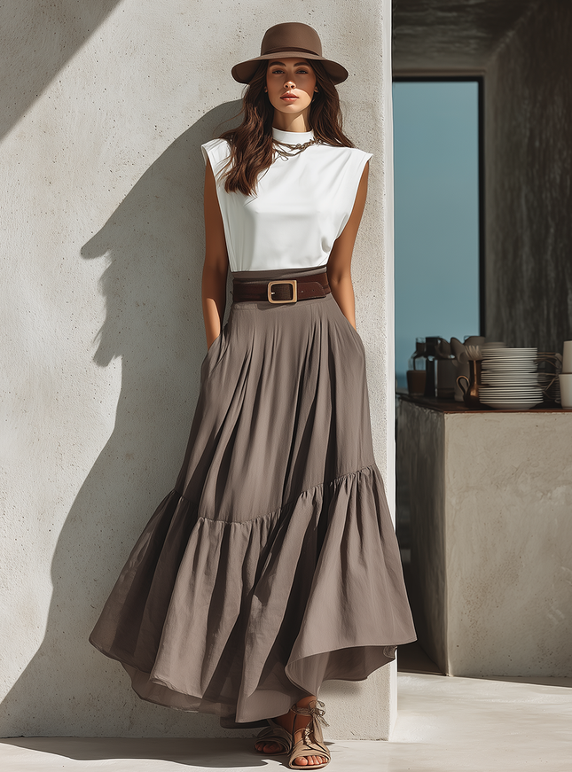Minimalist Retro Vacation Style Stand-up Collar Wide-shoulder Sleeveless T-shirt And Ruffle Skirt Set