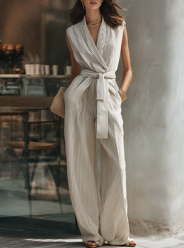 Minimalist Retro Striped Sleeveless Belt Jumpsuit