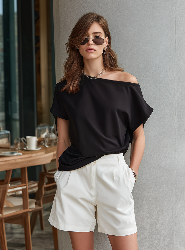 Stylish Minimalist Relaxed Fit One-shoulder Short-sleeved T-shirt And Shorts Set