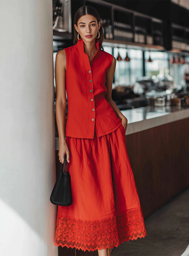 Urban Style Red Cotton Linen Sleeveless Top And Skirt Set