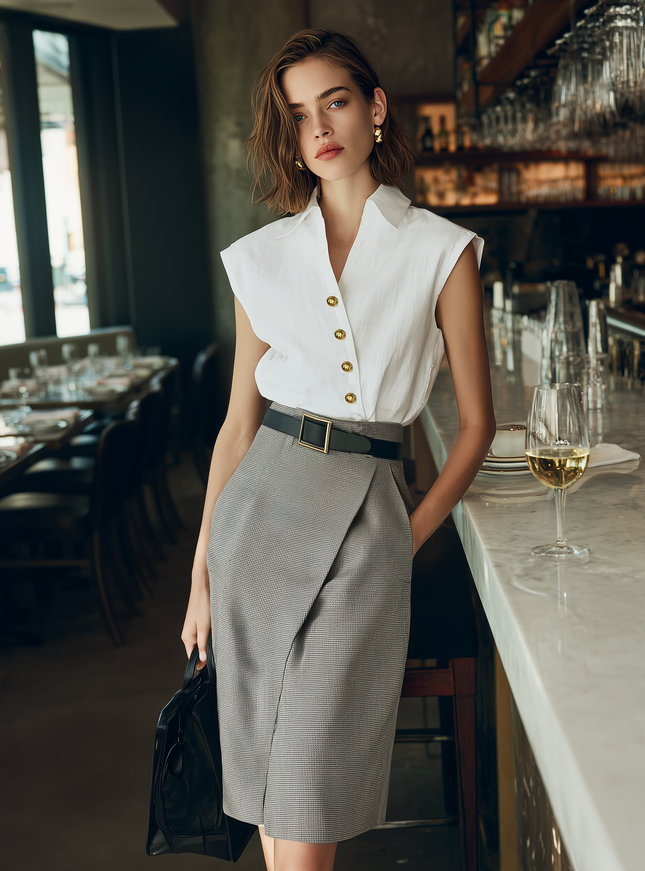 Urban Style White Linen Sleeveless Asymmetrical Front Top And Grey Skirt Set