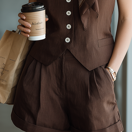 Minimalist Brown Linen Vest And Shorts Set