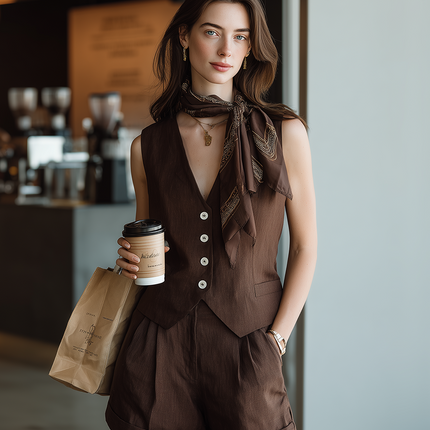 Minimalist Brown Linen Vest And Shorts Set