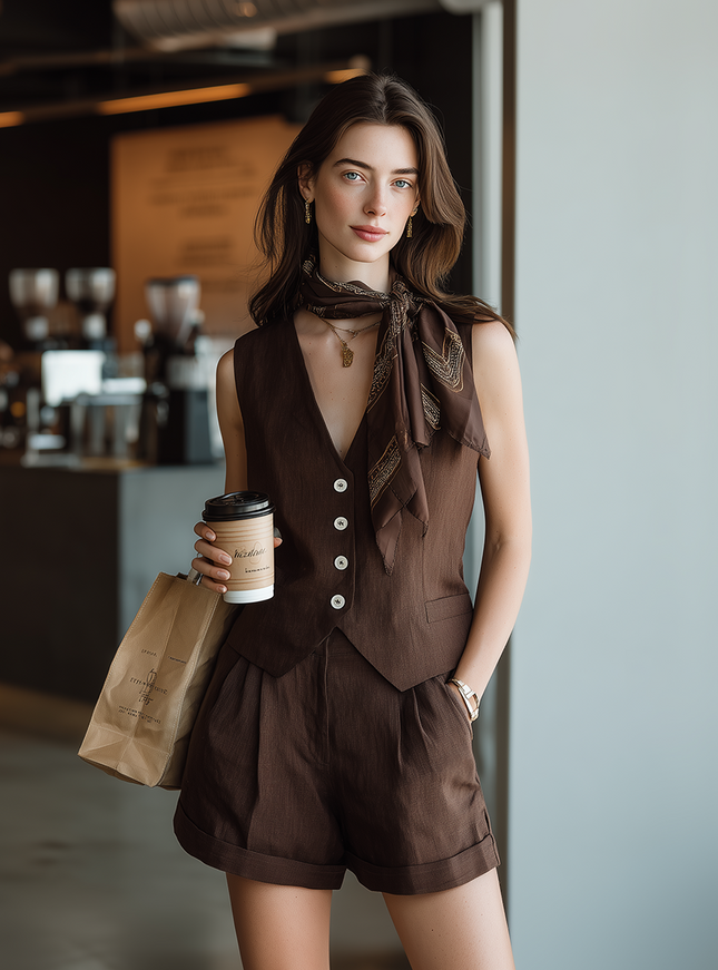 Minimalist Brown Linen Vest And Shorts Set