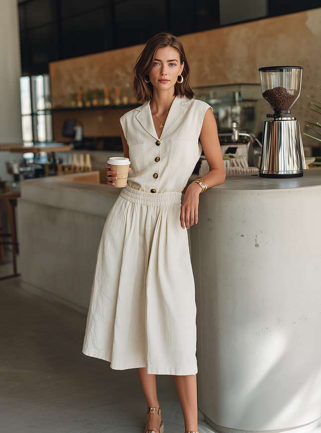 Casual White Linen Sleeveless Top And Elastic Waist Skirt Set