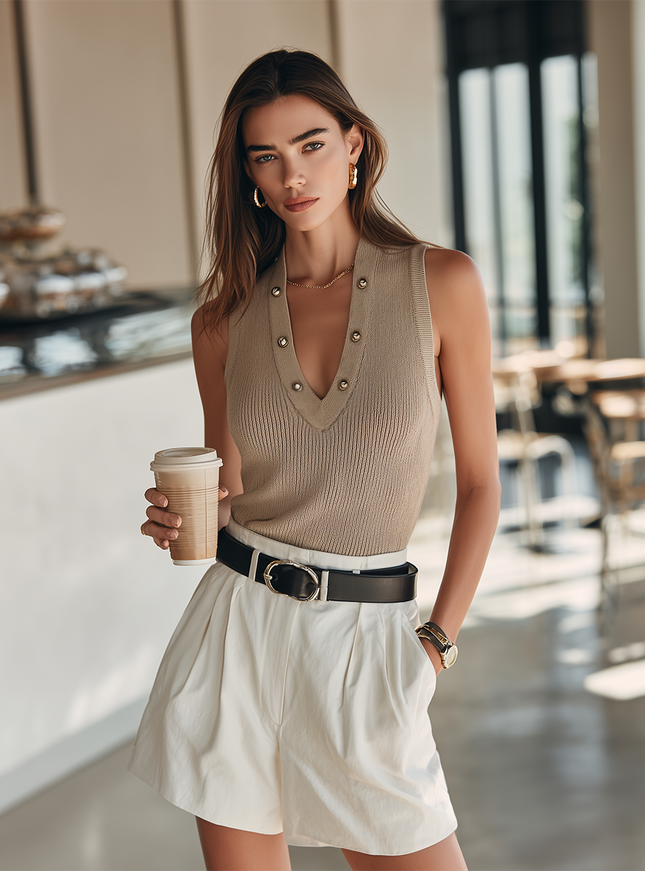 Casual Brown Sleeveless Knit Top And White Shorts Set