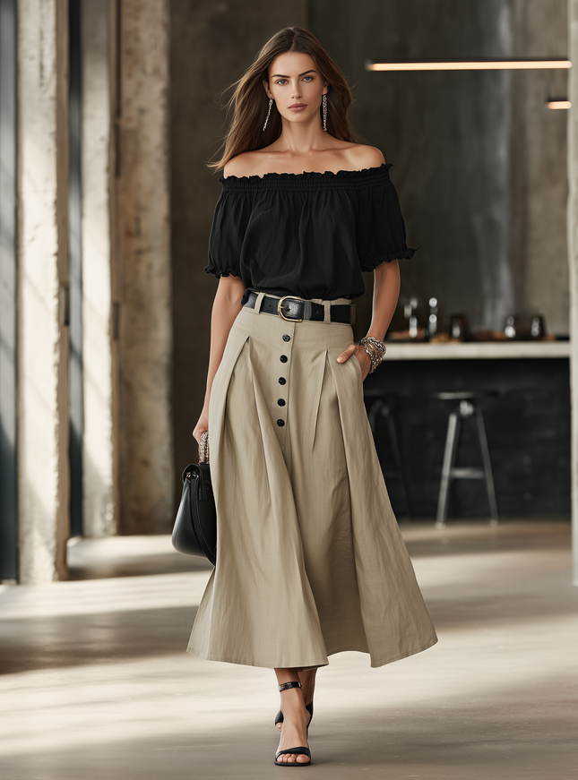 Casual Black Cotton Linen Off Shoulder Short Sleeve Top And Oatmeal Midi Skirt Set
