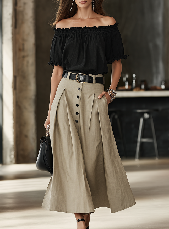 Casual Black Cotton Linen Off Shoulder Short Sleeve Top And Oatmeal Midi Skirt Set