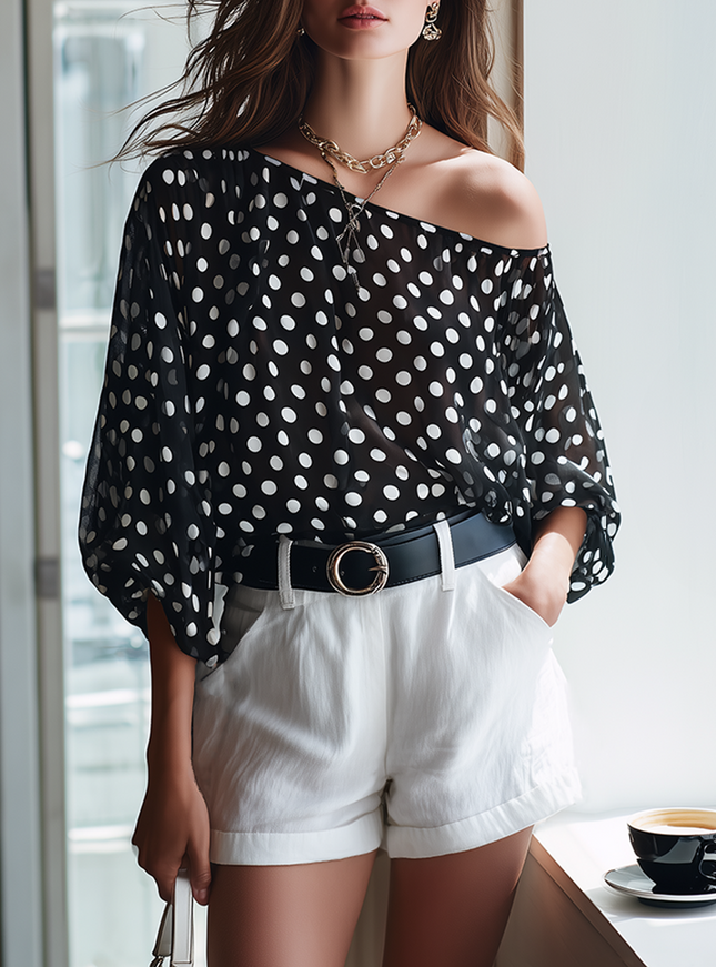 Casual Urban Black Polka Dot Chiffon Top And White Wide Leg Pants Set
