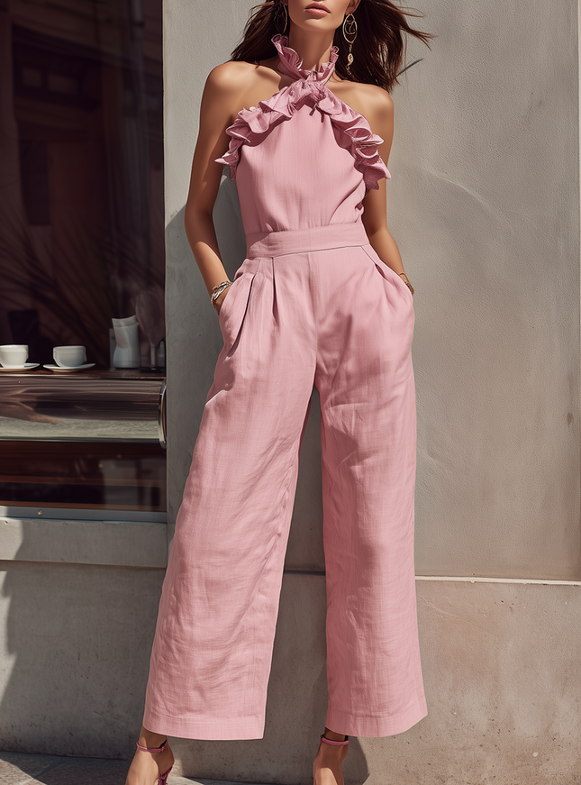 Retro Minimalist Ruffled Halter Neck Cotton And Linen Jumpsuit