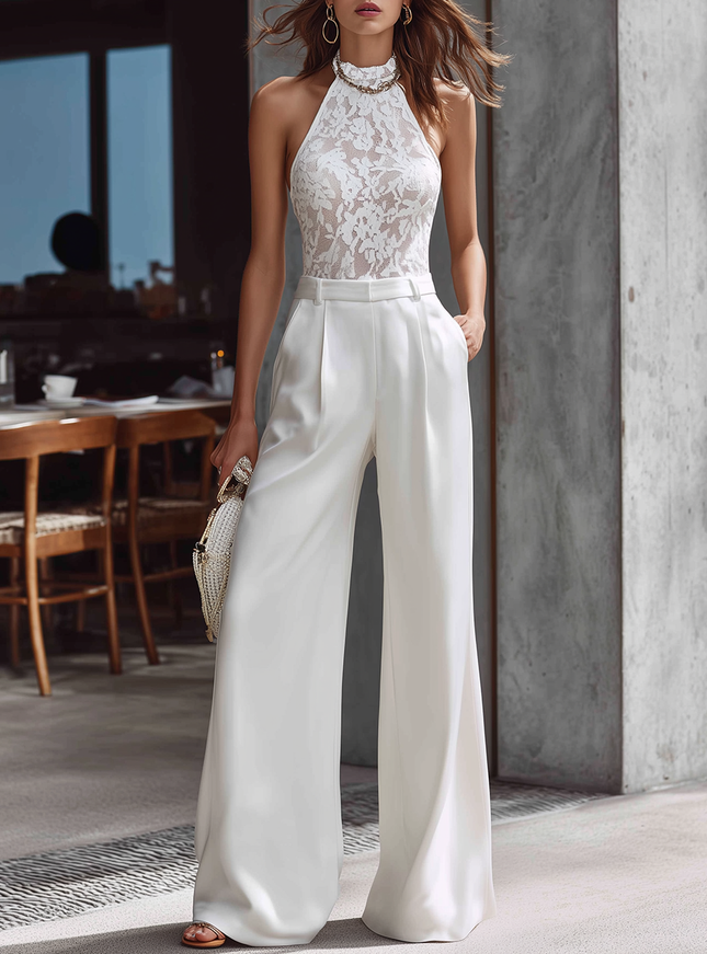 Elegant Minimalist High-quality Halter Neck Sleeveless Lace Jumpsuit