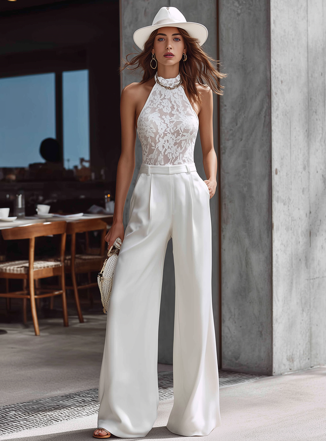 Elegant Minimalist High-quality Halter Neck Sleeveless Lace Jumpsuit
