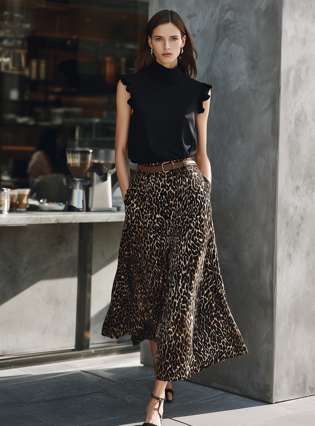 Retro-elegant Stand-collar Sleeveless Ruffled T-shirt And Leopard Print Chiffon Skirt Set