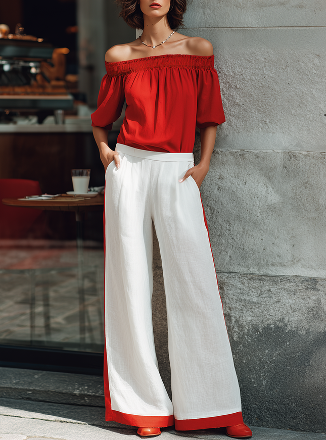 Minimalist Elegant Retro Off-the-shoulder Short Sleeve Top And Wide-leg Pants Set