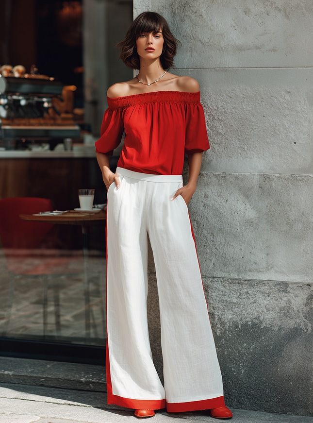 Minimalist Elegant Retro Off-the-shoulder Short Sleeve Top And Wide-leg Pants Set