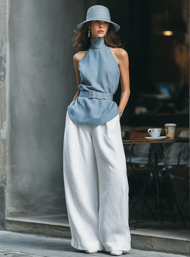 Minimalist Retro-style Halter Neck Top And Wide-leg Pants Set