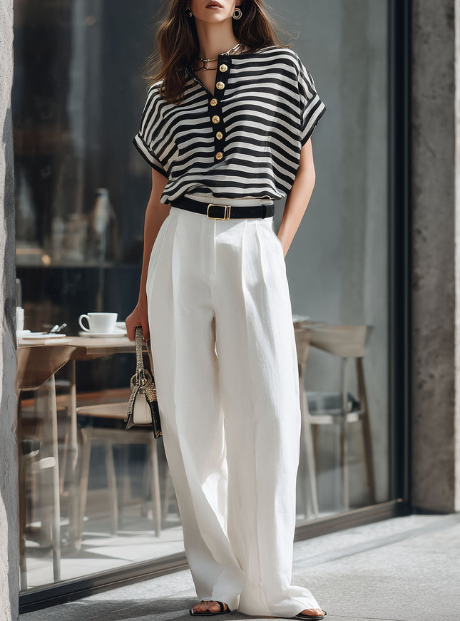 Stylish Short-sleeved Black And White Striped Top And White Trousers Set