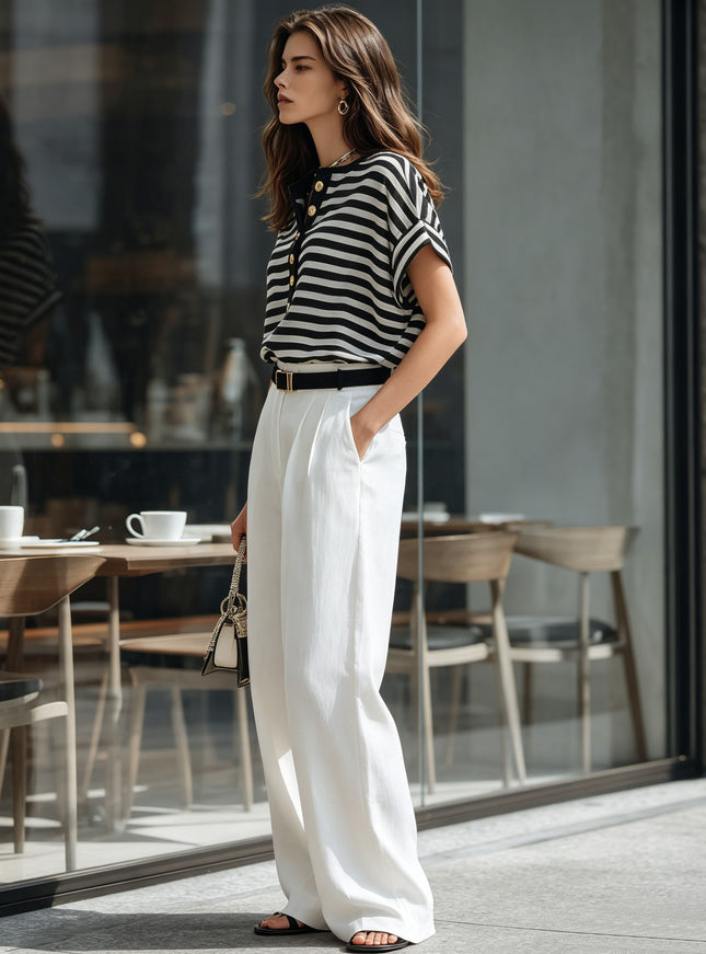 Stylish Short-sleeved Black And White Striped Top And White Trousers Set