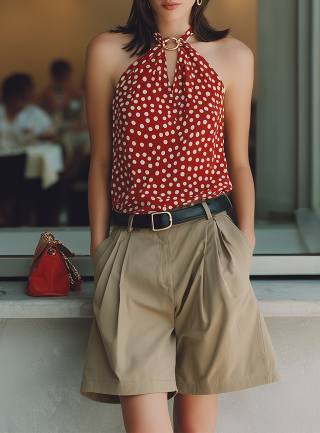 Elegant Red Polka Dot Chiffon Sleeveless Top And Brown Shorts Set