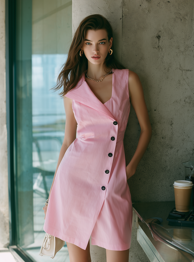 Minimalist Pink Cotton Linen Asymmetrical Mini Dress