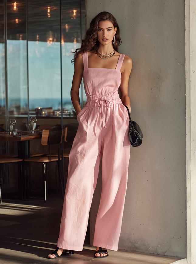 Minimalist Quiet Luxury Pink Cotton Linen Strappy Jumpsuit