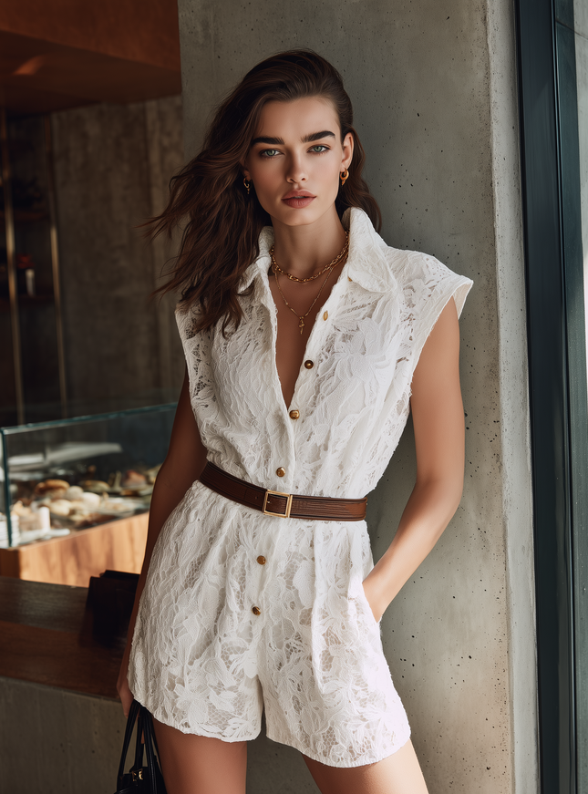 Casual Urban White Lace Collar Sleeveless Cropped Jumpsuit