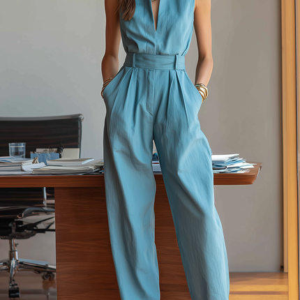 Office Chic Minimalist Stand-up Collar Sleeveless Jumpsuit