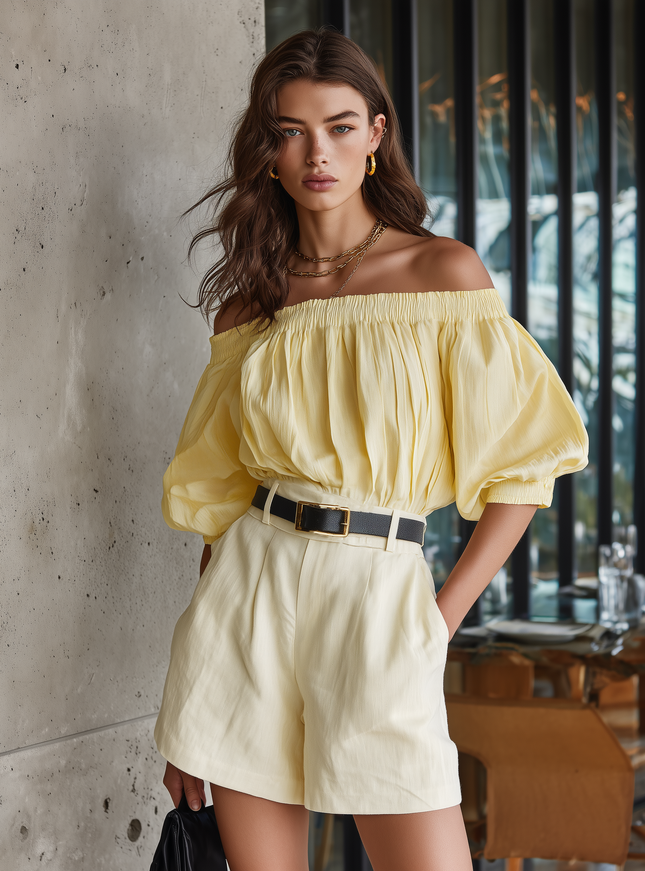 Urban Style Yellow Cotton Linen Off The Shoulder Top And Shorts Set