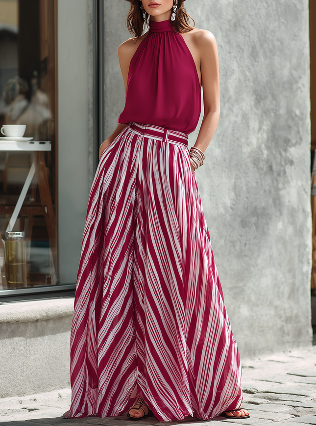 Retro Chic Vacation Halter Neck Chiffon Top And Striped Wide-leg Pants Set
