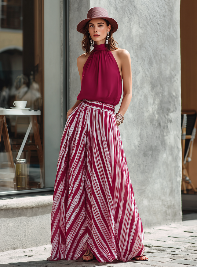 Retro Chic Vacation Halter Neck Chiffon Top And Striped Wide-leg Pants Set