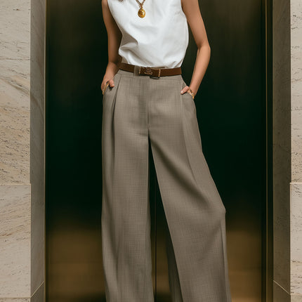 Elegant White Sleeveless Top And Khaki Pants Set