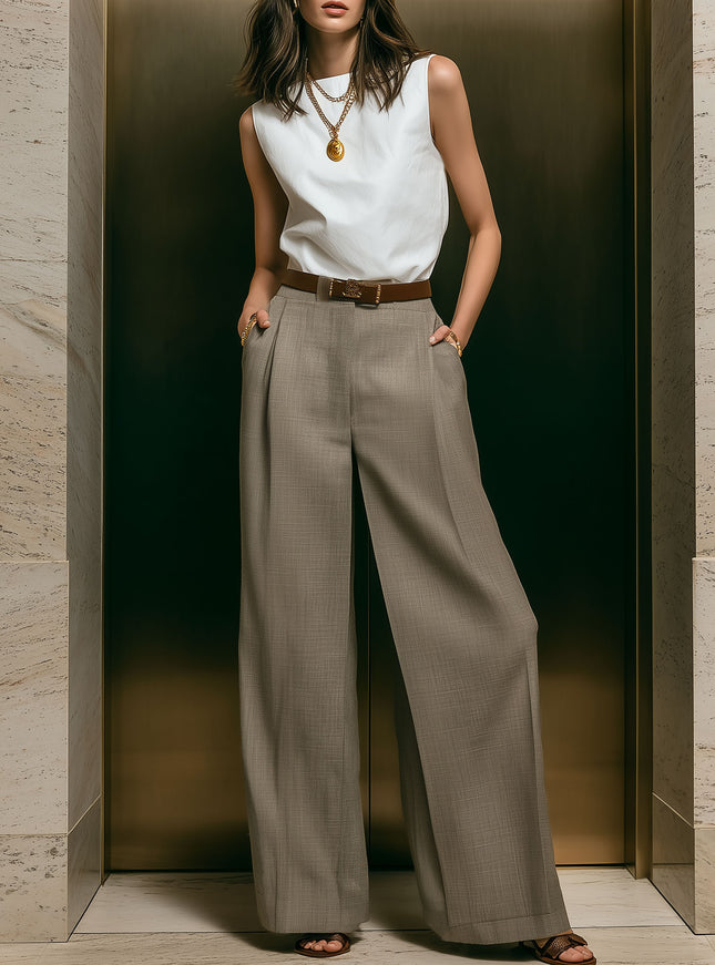 Elegant White Sleeveless Top And Khaki Pants Set