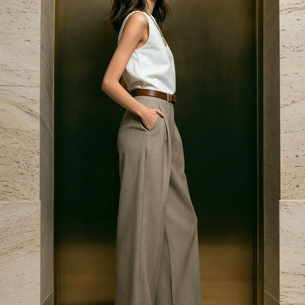 Elegant White Sleeveless Top And Khaki Pants Set
