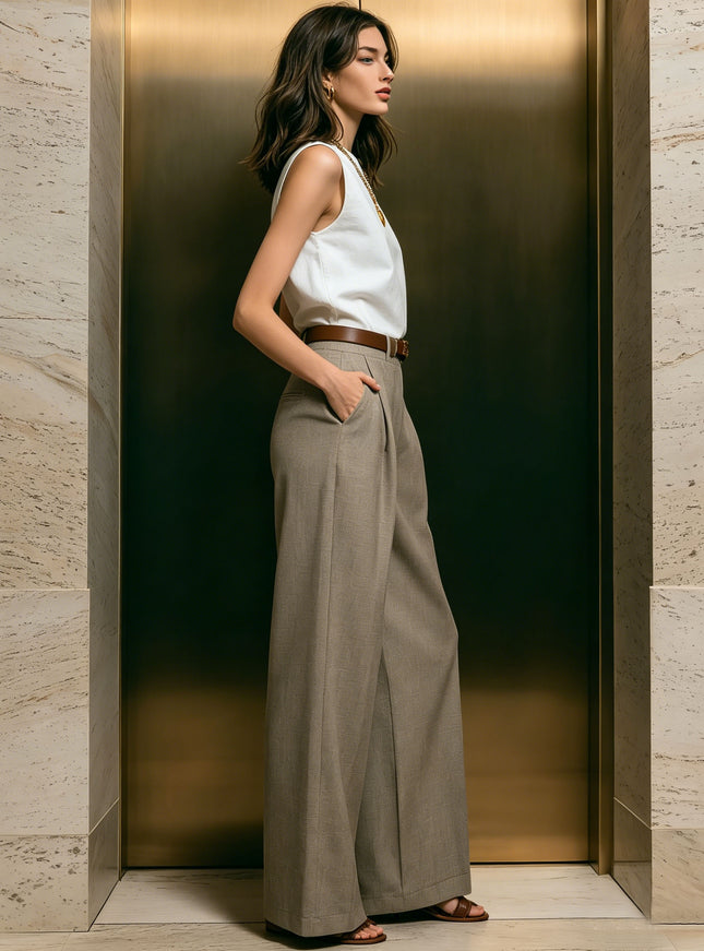 Elegant White Sleeveless Top And Khaki Pants Set